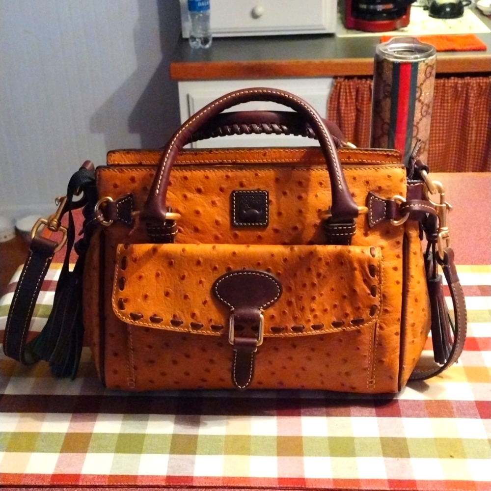 Dooney & Bourke tan ostrich bag with brown trim and tassels